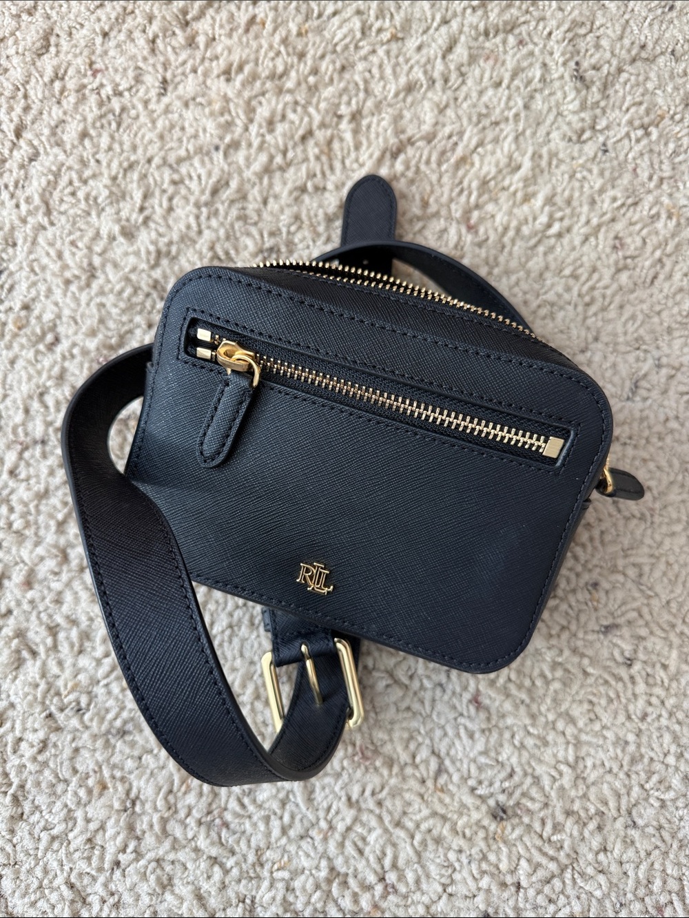 Ralph Lauren Black Saffiano Crossbody Belt Bag with Gold Hardware